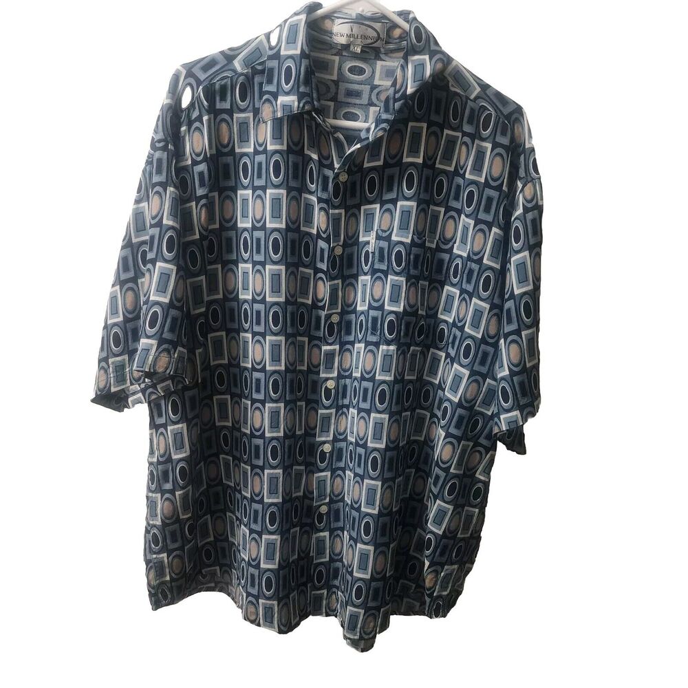 New Millennium Blue Color Blocked Men's XL Button Up Short Sleeve Shirt